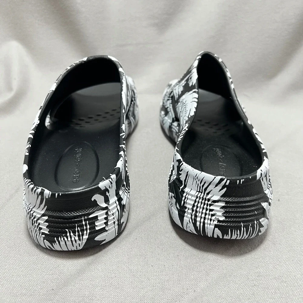 Easy‎ Spirit Tess Slides Comfort Sandals Black White Palm Print Tropical 8M